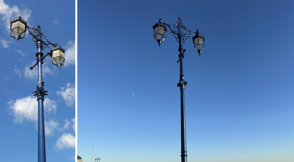 Lamp posts before restoration (left) and after (right)